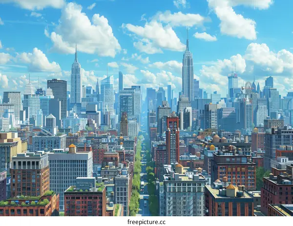 Aerial View of Modern Cityscape with Tall Buildings and Blue Sky