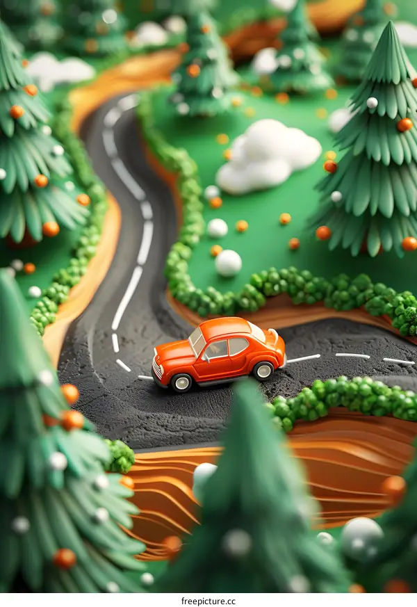 Red Toy Car Driving on a Winding Road Through a Miniature Forest