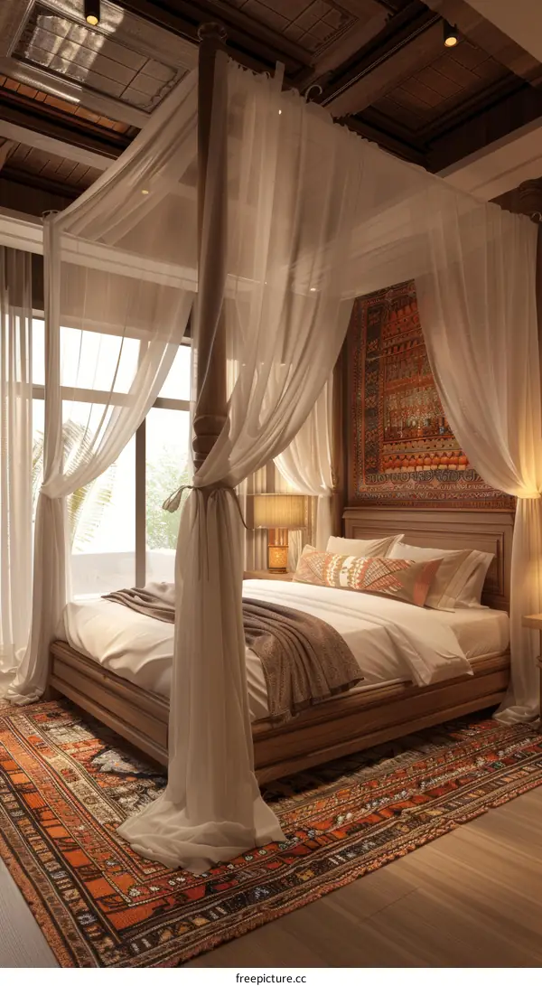 Elegant Wooden Four-Poster Bed with Sheer Curtains