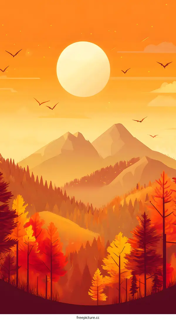 Autumn Landscape With Mountains and Sun