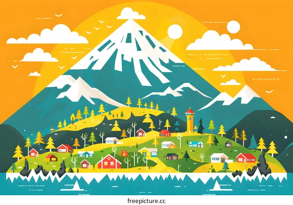 Mountain Village Landscape Illustration With Flat Design