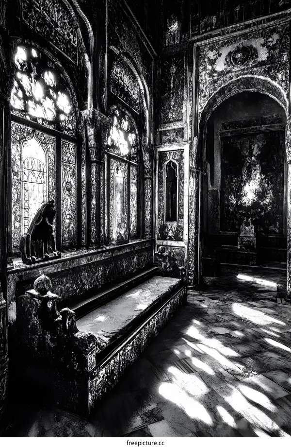 Black and White Photo of an Empty Room With a Bench