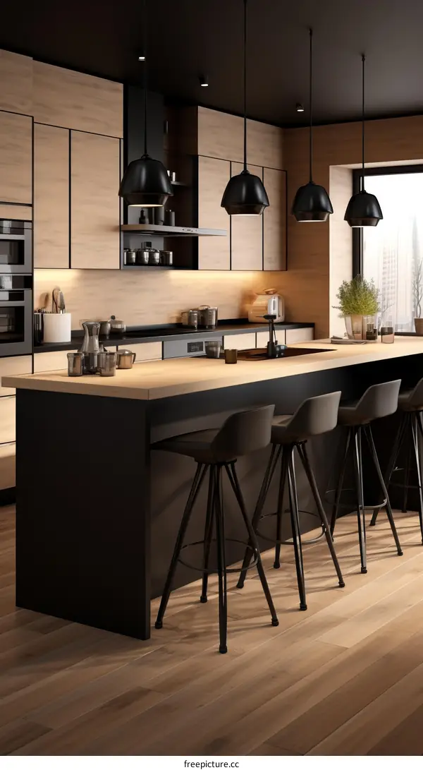 Black and wood grain modern kitchen with large island and wood floor