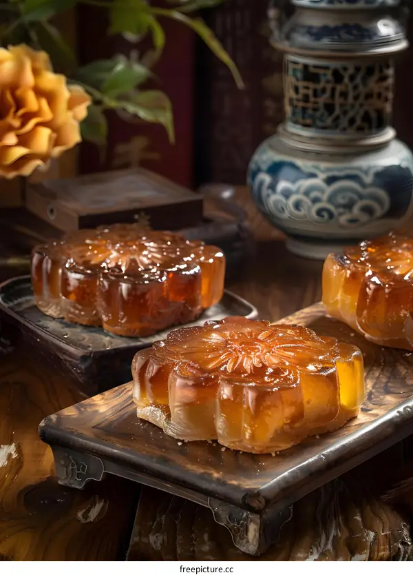 Traditional Chinese Moon Cakes on Wooden Stand