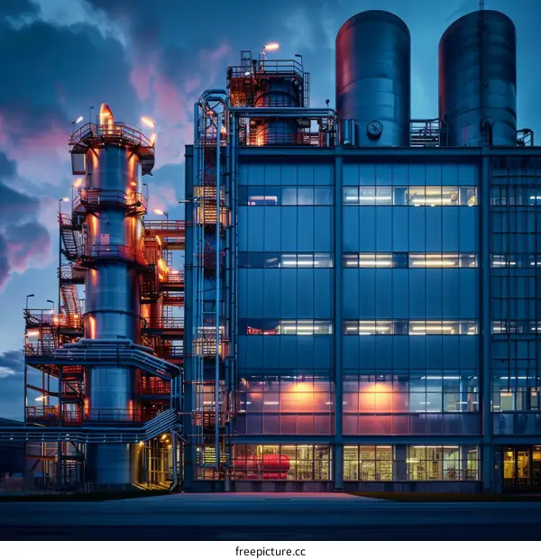 The factory building with blue glass windows at dusk