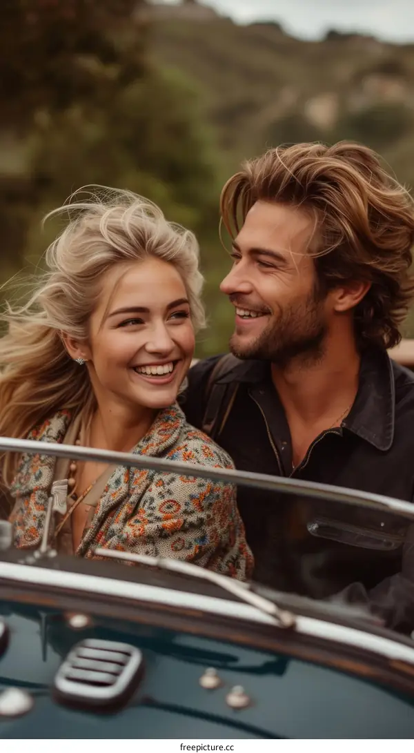 Young couple smiling and driving in a convertible