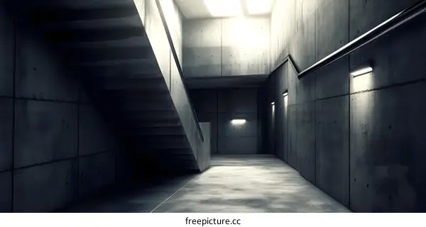 Concrete Stairway In An Empty Building With Lights