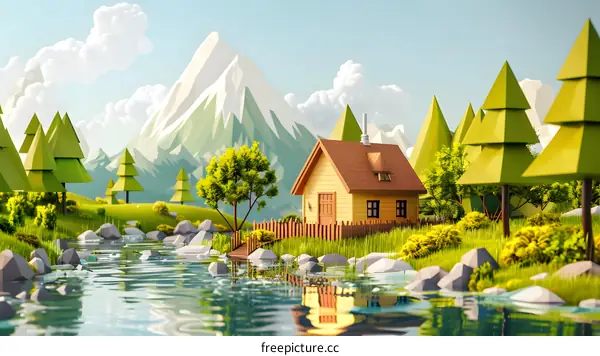 Low Poly House in Mountain Valley