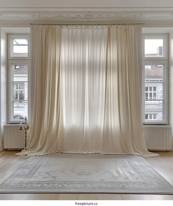 Elegant and Minimalist Living Room with Large Windows and White Curtains