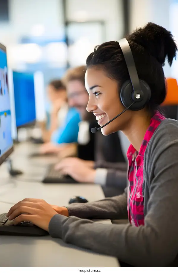 Smiling Customer Service Representative Wearing Headset