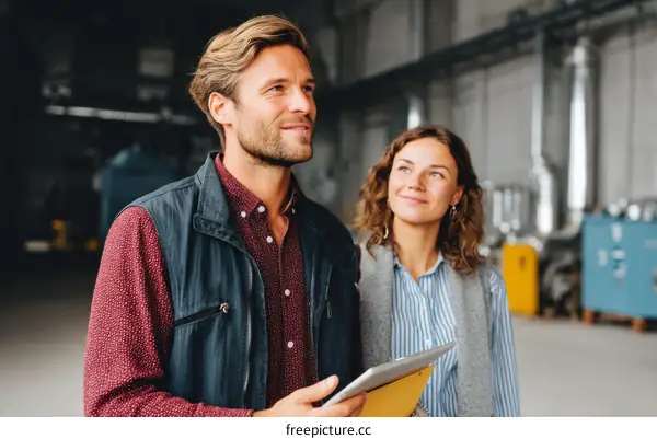 Two Caucasian Business People Reviewing a Facility