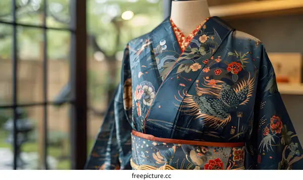 A kimono with a pattern of a crane and flowers