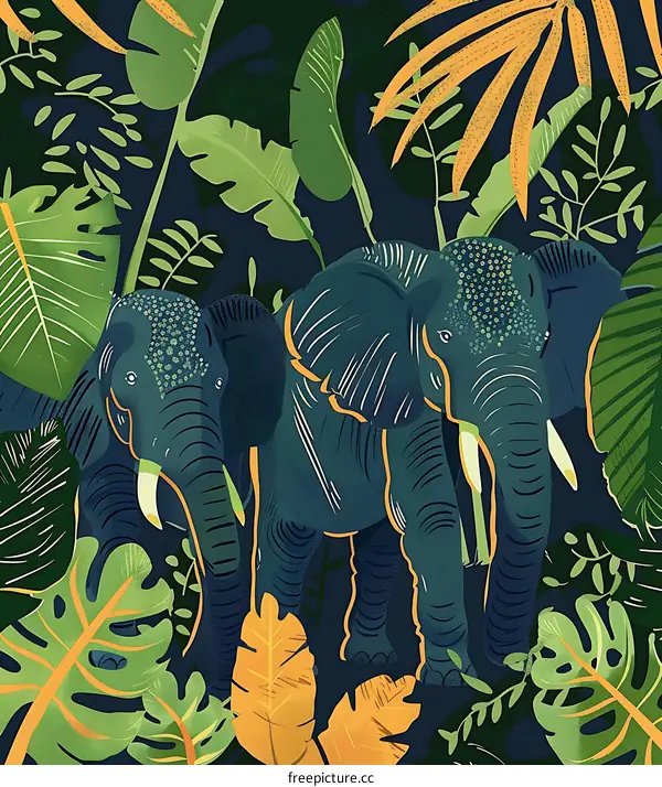 Two Elephants In The Jungle With Tropical Leaves