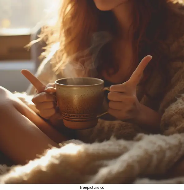 redhead woman holding coffee mug with two thumbs up