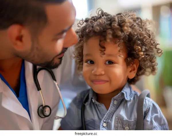 Doctor examining a smiling young boy