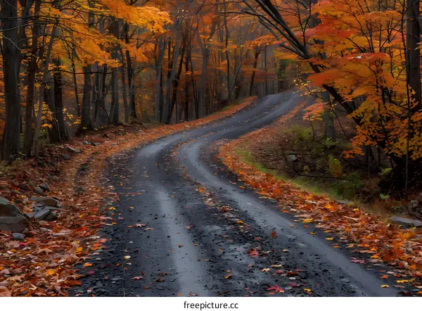 Winding Road Through Autumn Forest
