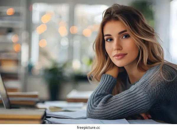 Young Woman Studying at Home with Papers on the Desk