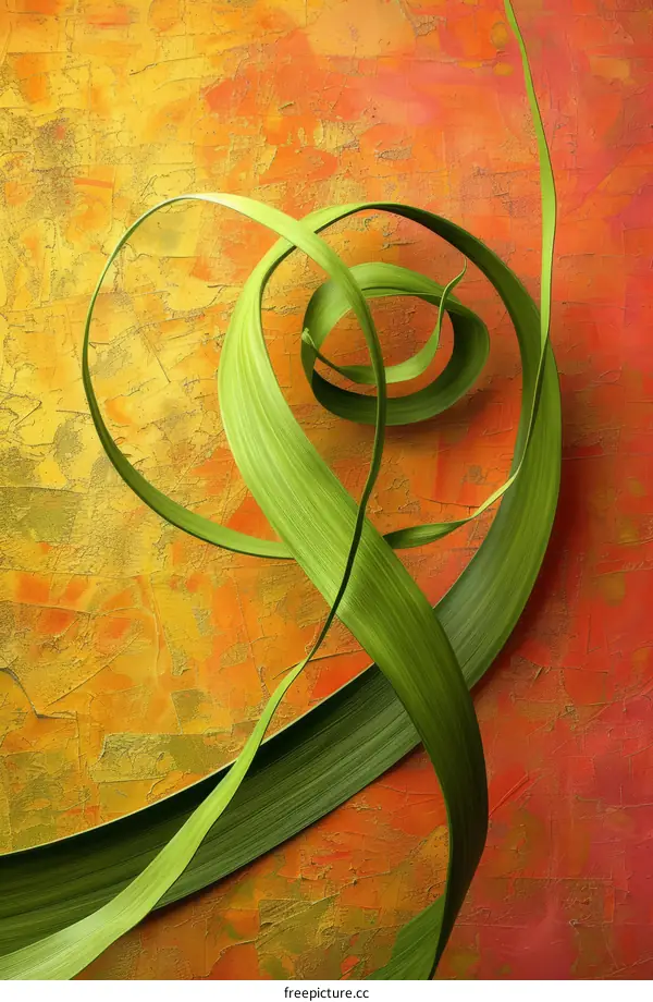 Abstract Art Photography: Green Leaf Curls on Orange Background