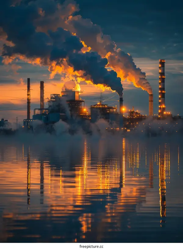 Industrial Plant Emitting Smoke at Sunset Reflected in Water