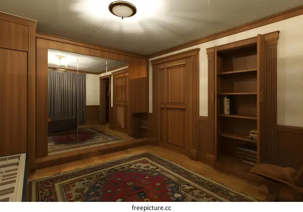 Modern Classic Wooden Interior Design with Bookshelves and Mirrored Wall