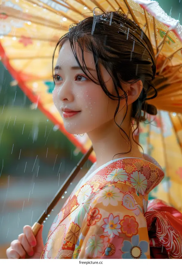 Japanese Woman in Kimono Holding an Umbrella in the Rain