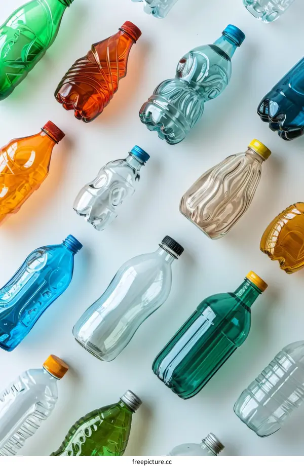 Various plastic bottles of different colors and sizes lie flat on a white surface