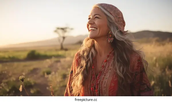 portrait of a smiling woman wearing a headscarf in a field