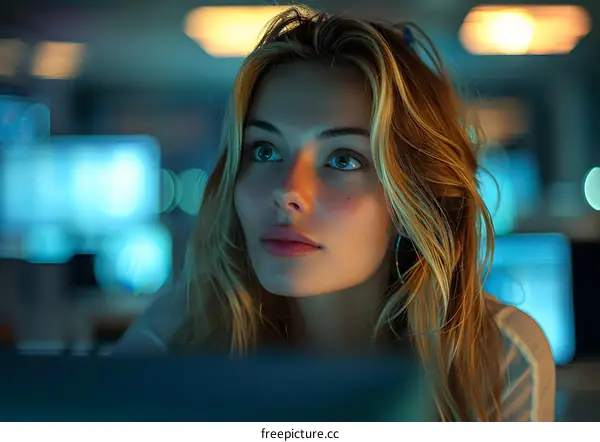 Portrait of a young woman looking at a computer screen in a dark room