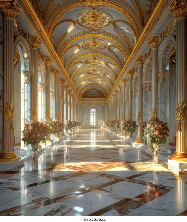 Elegant Marble Gallery with Pink Flower Pots