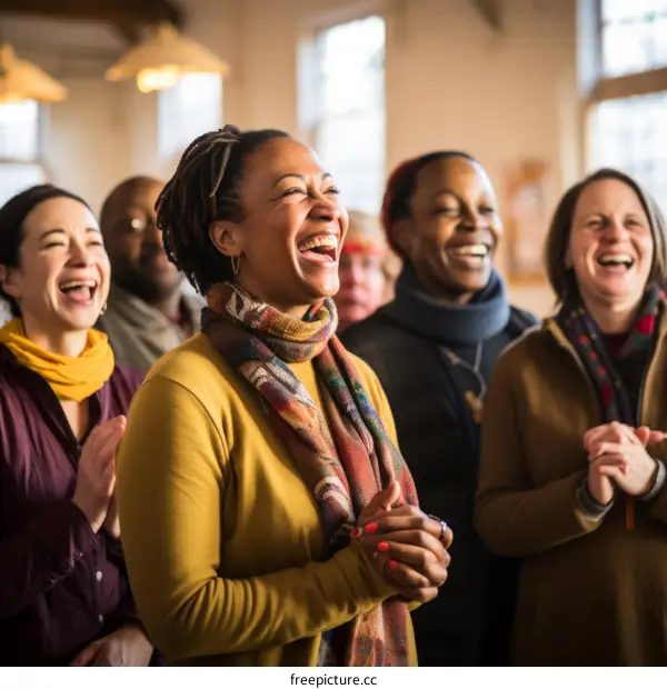 A group of people are laughing and clapping.