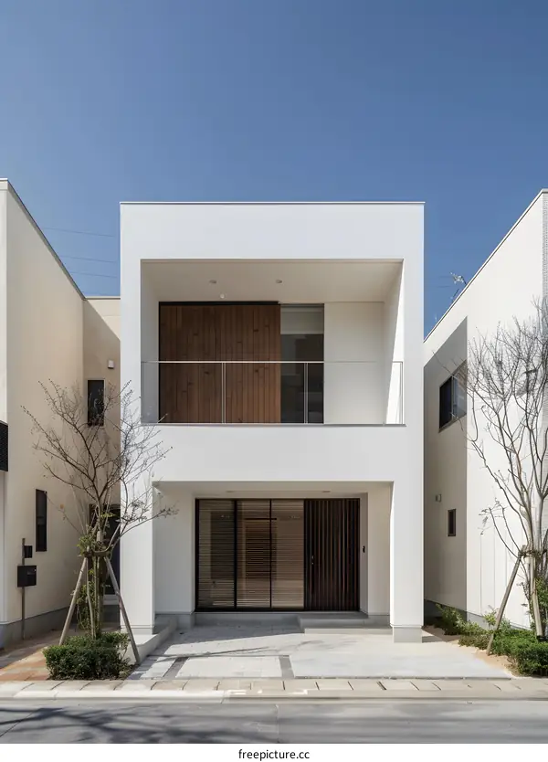 Modern White House with Balcony and Wooden Door