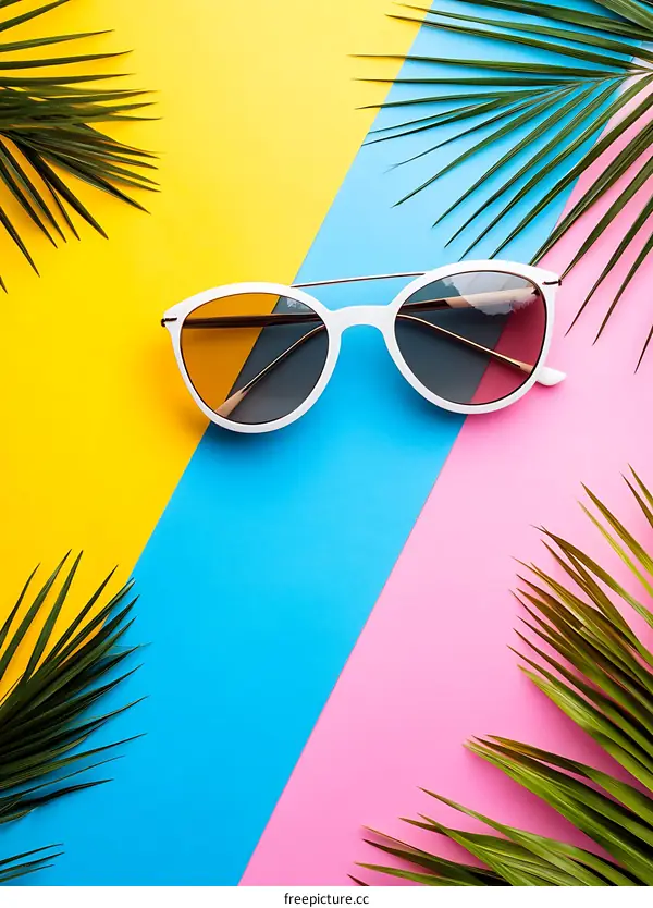 Summer Sunglasses With Palm Leaves On Colored Background