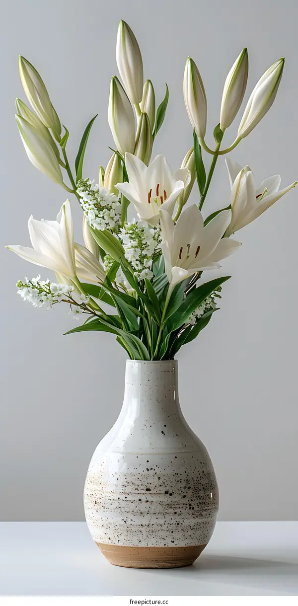 A beautiful bouquet of white lilies in a ceramic vase