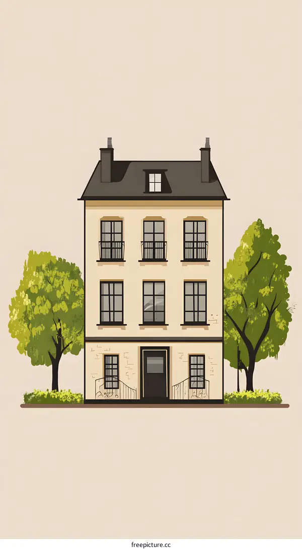 Cute Cartoon Illustration of a House with Trees