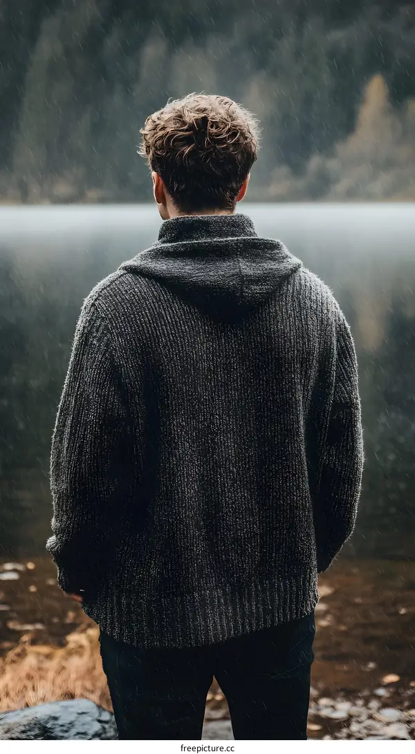 Man Standing In The Rain By The Lake