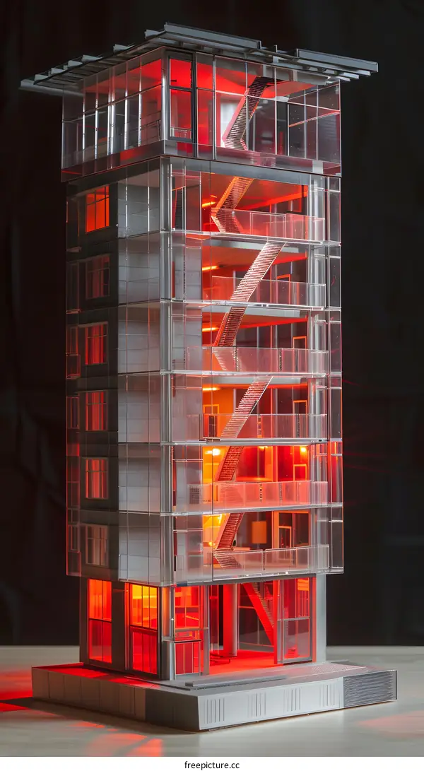 Transparent Model of Modern Building with Red Lights