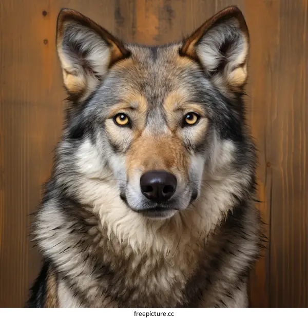 Close up portrait of a beautiful wolf staring at the camera with an intense gaze