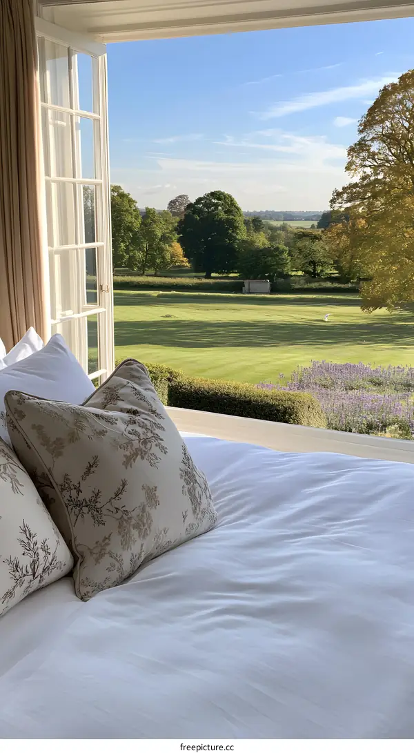 Bedroom With A View of Green Field and Trees Through Window
