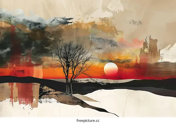 Abstract Sunset with Tree Silhouettes