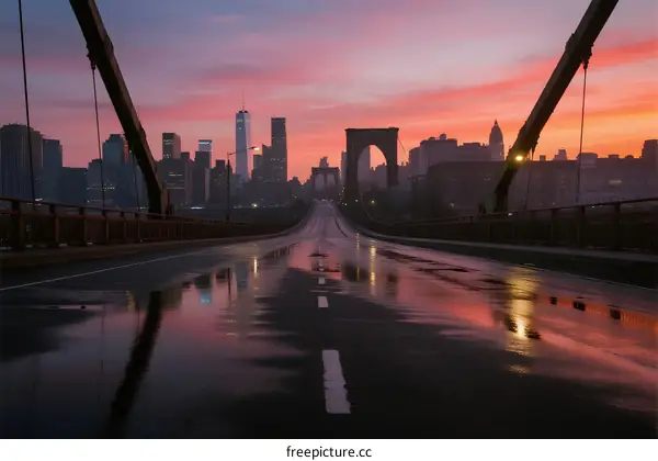 Beautiful sunrise over a bridge with city skyline in the background
