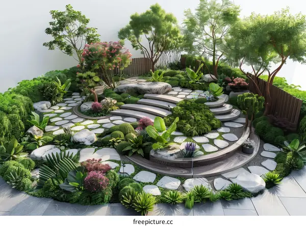 Landscaping Design: Stone & Wood Pathway with Plants