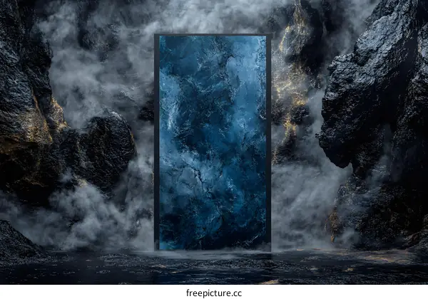 Abstract Blue Stone Gate in a Smoky Mountain Landscape