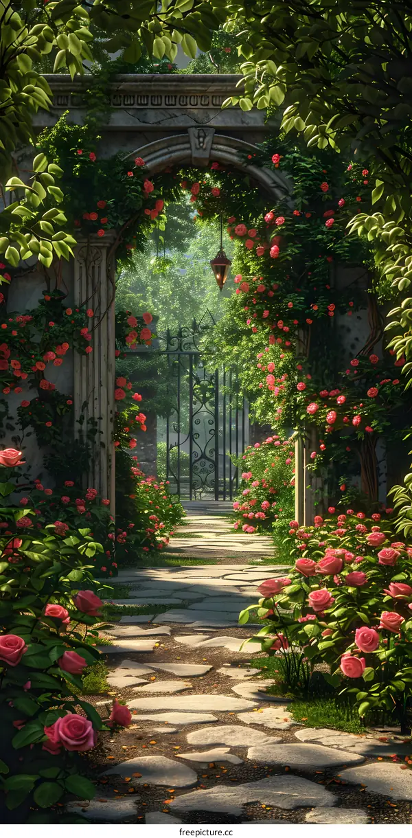 A beautiful garden with a stone archway and pink roses