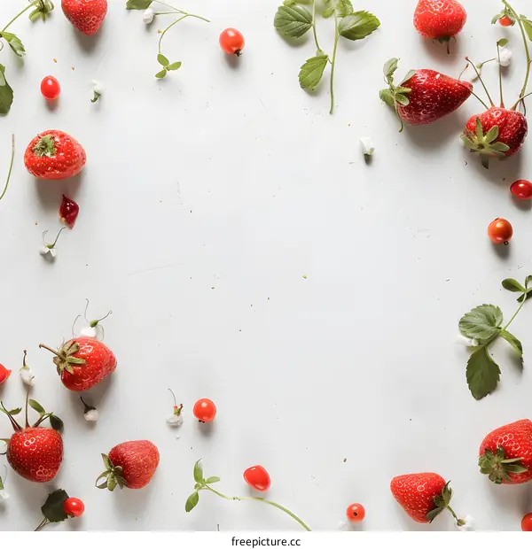 Red Strawberries and Green Leaves on White Background