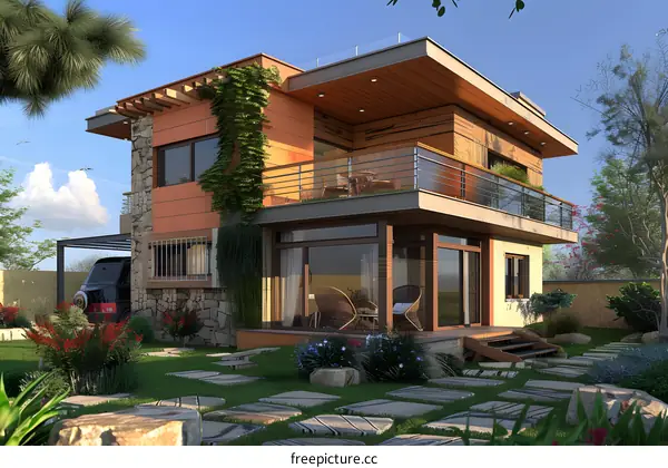 Modern House Design with Large Windows and Balcony