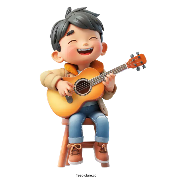 [Transparent Background PNG]3D rendering of a happy boy playing the guitar