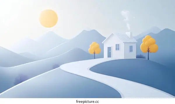 Peaceful Mountain Village Scene Illustration