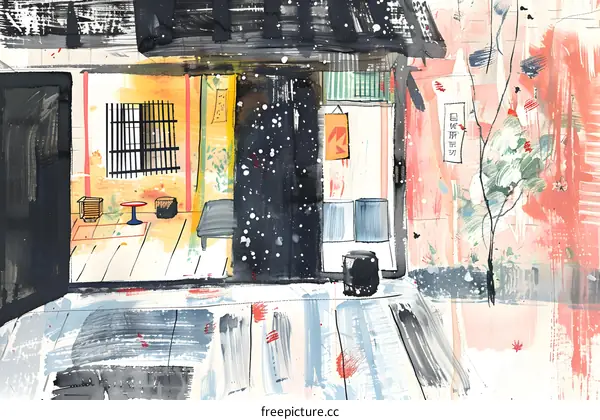 Traditional Japanese Style Watercolor Painting Of A House