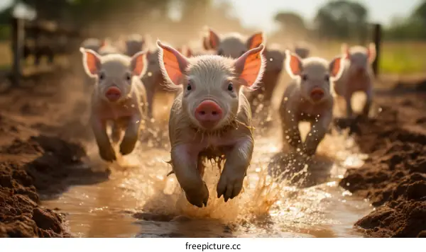 A group of piglets running in the mud