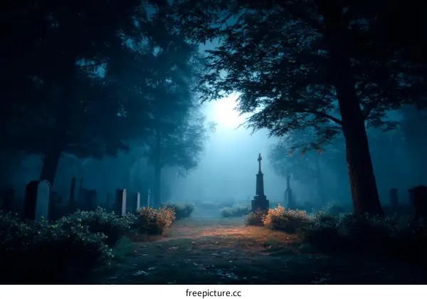 Mysterious Foggy Night at the Cemetery